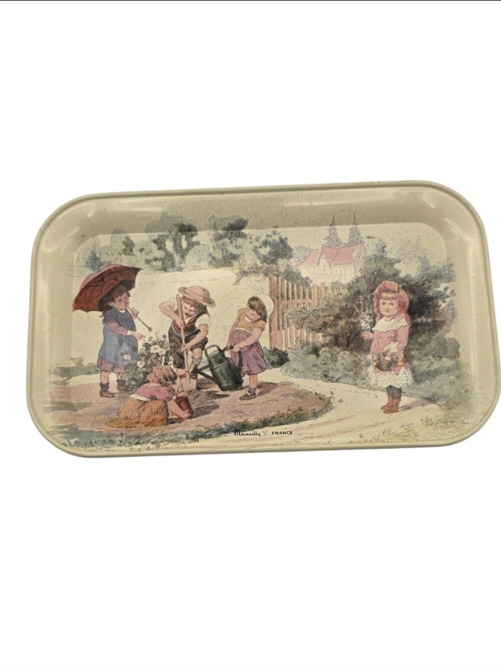 Massilly VTG France Metal Tin Children At Play Tray